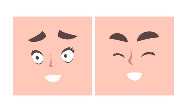 Face Expression and Emotion with Eyebrow and Mouth Grimace in Square Shape Vector Set