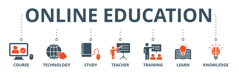 Online education banner web icon vector illustration concept with icon of course, technology, study, teacher, training, learn and knowledge