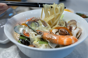 Popular Korean Food Spicy noodle soup Seafood Jjamppong at restaurant