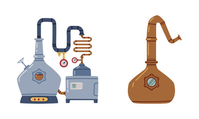 Whiskey Drink Process with Distillation in Pot Still Vector Set