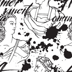 Vector black and white seamless pattern. Blots, splashes, drops, linear sketches of ancient sculpture of man and woman, qiote in latin love overcome all. Sketch design for textile, wrapping paper.