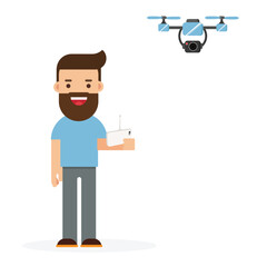 Young Man flying drone vector illustration.