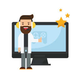 Man in headphones playing games at computer