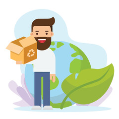 Man caring and protecting nature of planet global environmental problems solving