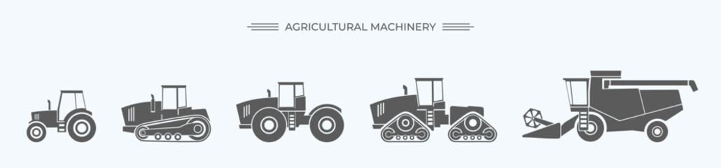 Agriculture and agricultural machinery vehicles flat SVG icons collection set. Harvester, tractor. Agronomy. Farm. Vehicle for field farming work and land  processing. Isolated vector illustration