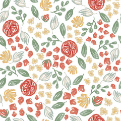English Rose, Seamless wallpaper pattern with red roses, red petals and green leaves on white background