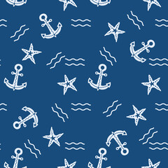 Seamless pattern on a marine theme on a blue background