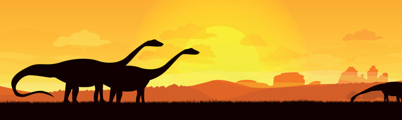 Dinosaur silhouettes in beautiful sunset landscape vector illustration