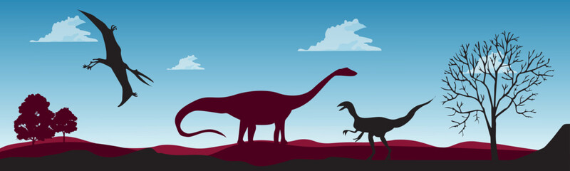 Dinosaur Silhouette Landscape Panorama Concept Earth BC. Prehistoric animals in nature. Vector