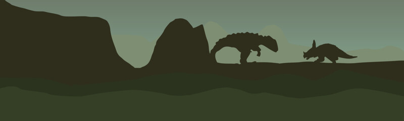Landscape of highlands with silhouette of dinosaurs. Vector