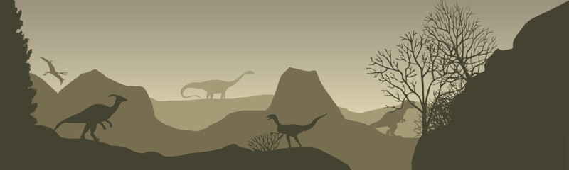 Prehistoric vector landscape with silhouettes of dinosaurs