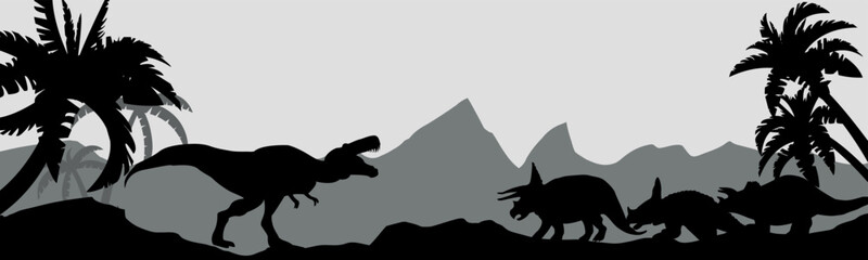 Panorama. Dinosaur battle. The concept of a prehistoric planet. Vector illustration.