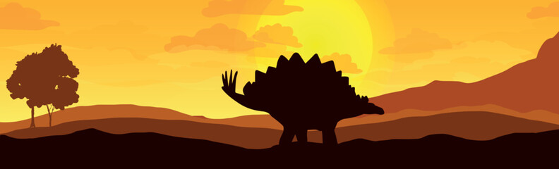 Landscape with Stegosaurus silhouette. The concept of the prehistoric world. Dinosaurs. Vector