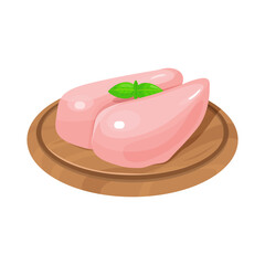 Two raw chicken breast fillet on a wooden cutting board