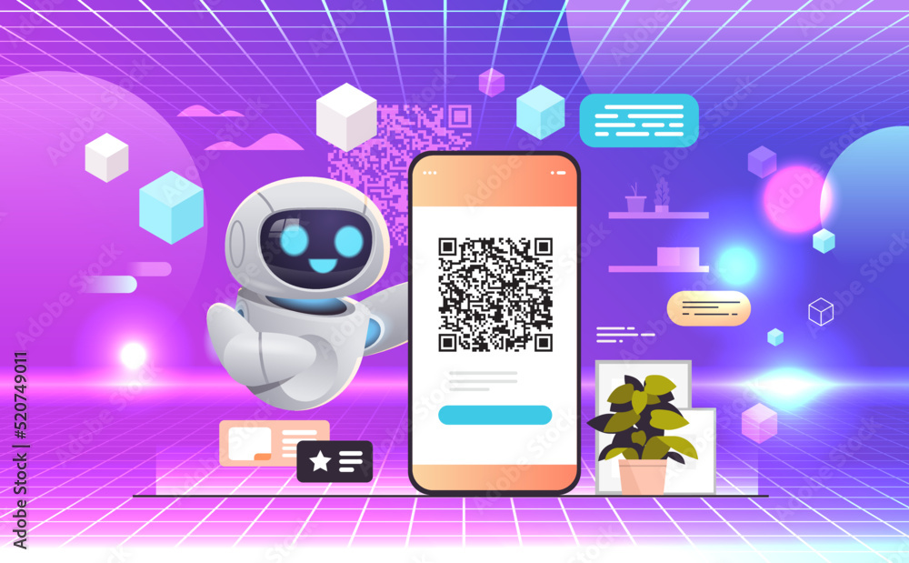 Poster robot scanning qr code on smartphone screen readable barcode verification artificial intelligence te