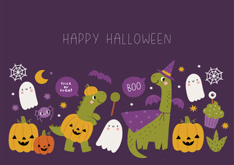 Happy Halloween cute Dinosaurs, pumpkins, spider, ghost, costumes, spider, sweets. Vector print with cartoon Dino Halloween costume