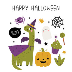 Happy Halloween cute Dinosaurs, pumpkins, spider, ghost, costumes, spider, sweets. Vector print with cartoon Dino Halloween costume
