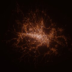 Skopje (North Macedonia) street lights map. Satellite view on modern city at night. Imitation of aerial view on roads network. 3d render