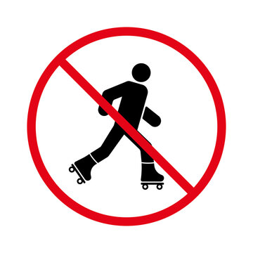 Man in Roll Red Stop Circle Symbol. Ban Entry in Roller Skate Black Silhouette Icon. No Allowed Skating Sign. Roller Prohibited. Caution Forbidden Rollerskate Pictogram. Isolated Vector Illustration