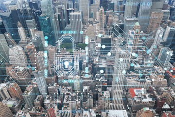 Aerial panoramic roof top city view of New York City Financial Downtown district at day time....