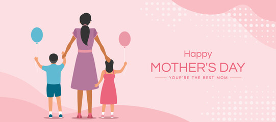 Happy mother's day - son and daughter stand back hold mother s hand and hold balloons on soft pink background vector design