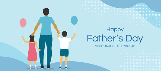 Happy father's day - son and daughter stand back hold father s hand and hold balloons on soft blue background vector design