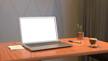 Fototapeta premium The workplace of a modern astrologer. Laptop with white screen for insertion. A notebook, a pen, a small plant and a cup of coffee with a bun on the table. 3D render.