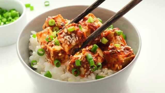 Korean dubu-jorim - braised spicy bean curd with rice in gray bowl, light background. Asian vegetarian food concept.