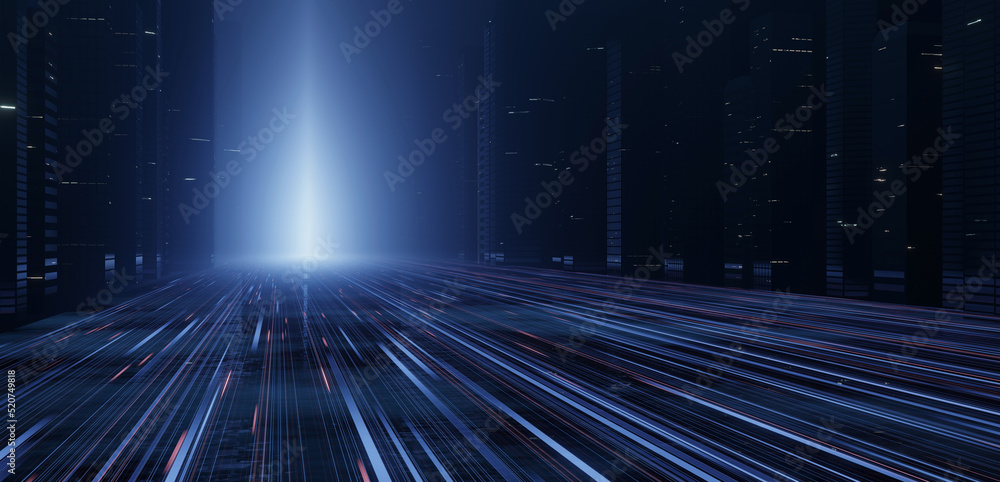 Poster 3d rendering of warp speed in hyper loop with blur light from buildings' lights in mega city at nigh