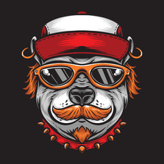 mustache dog wearing sunglasses and hat vector