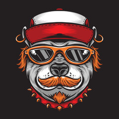 mustache dog wearing sunglasses and hat vector