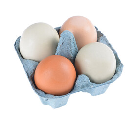 Four eggs in a carton on an isolated white background