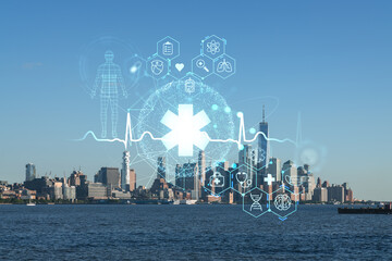 Fototapeta na wymiar New York City skyline of Financial Downtown, Hudson River waterfront, skyscrapers at day time. Manhattan, USA. Health care digital medicine hologram. The concept of treatment and disease prevention