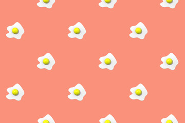 pattern. Image of chicken egg on pastel red backgrounds. Egg with round yolk. Surface overlay pattern. 3D image. 3D rendering.