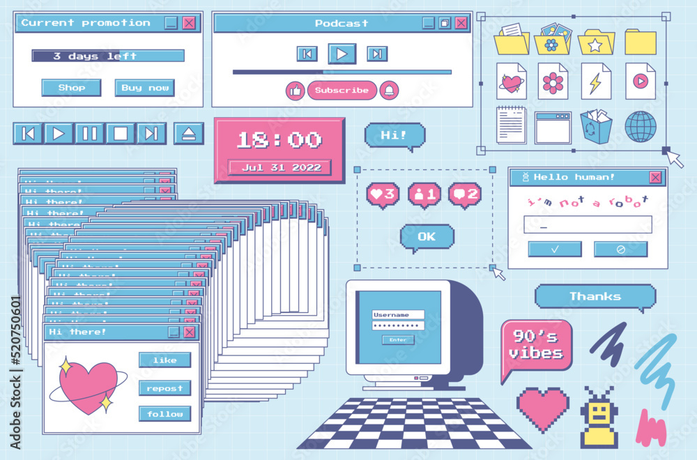 Poster a set of user interface design elements in 80s, 90s retro style. old computer aesthetics. vintage no