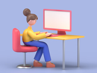 3D illustration of smiling woman Angela using laptop with blank screen on desk in home interior.3D rendering on blue background.
