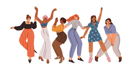 Happy young women dancing together. Diverse fashion girls dancers. Dance, fun and joy of modern energetic excited female friends. Flat graphic vector illustration isolated on white background