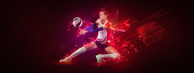 Fototapeta na wymiar Collage with image of female volleyball player playing volleyball isolated on dark background with neoned elements. Goals, creativity, sport, art