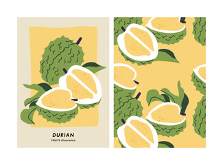 Vector illustration poster with durian fruit. Art for postcards, wall art, banner, background.Seamless pattern.