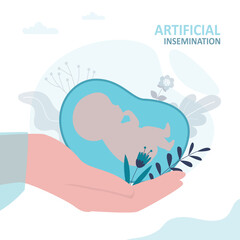 Hand gently holds embryo in placenta. Concept of artificial insemination and embryology