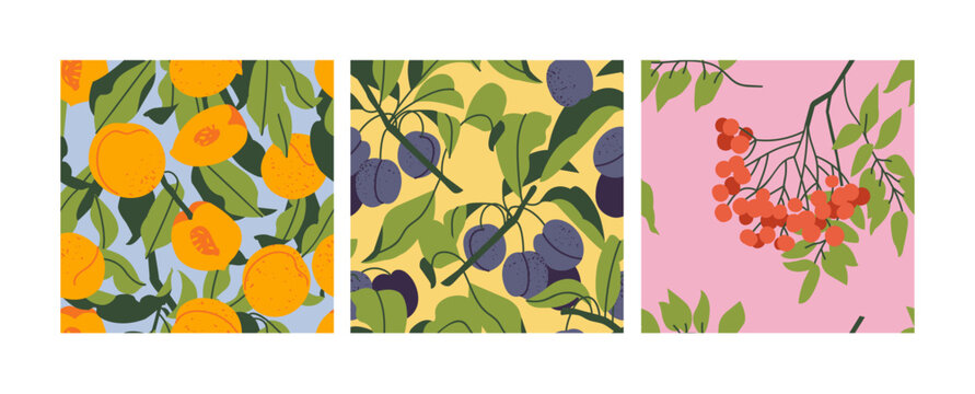 Vector set of seamless patterns with peach, plum and rowanberry fruits. Abstract design for paper, cover, fabric.