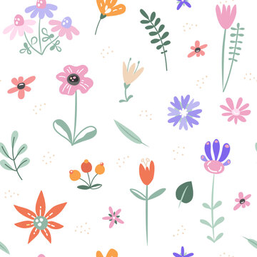 Set of cute hand drawn colorful flowers in scandinavian style on white background. Trendy modern seamless pattern of fabric repeatable motif.