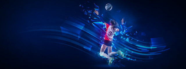 Flyer. Creative artwork with female volleyball player in motion with ball isolated on dark blue background with neoned elements. Art, creativity, sport - obrazy, fototapety, plakaty