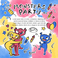 Obraz premium CUTE CARTOON MONSTERS INVITE Huggy Wuggy Birthday Party Hand Drawn Sketch With Funny Aliens And Handwriting Text Clipart Vector Illustration Set For Print