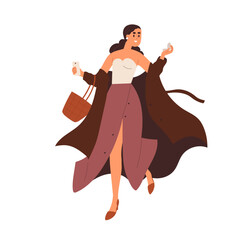 Excited woman looking in compact mirror on the run. Elegant happy girl is late for date, hurrying, rushing and putting on clothes on the go. Flat vector illustration isolated on white background