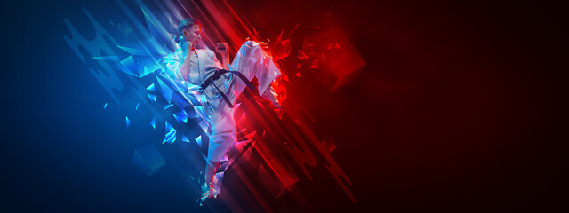 Collage with active young man, karate fighter in white kimono in action, motion isolated on blue-red background with neoned elements. Sport, ad concept