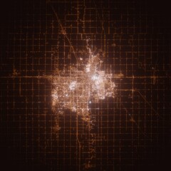 Fargo (North Dakota, USA) street lights map. Satellite view on modern city at night. Imitation of aerial view on roads network. 3d render