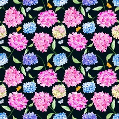 Seamless floral pattern with colorful hydrangeas on a dark background
