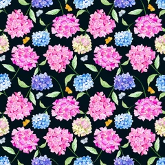 Zelfklevend Fotobehang Seamless floral pattern with colorful hydrangeas on a dark background © Diasha Art