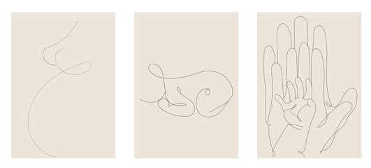 Happy family in continuous line art drawing style. family history, pregnant woman, newborn baby, palms of mom, dad, baby  on white isolated background. Vector illustration. 